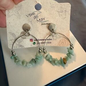 Silver and Green Stone Hoop Earrings